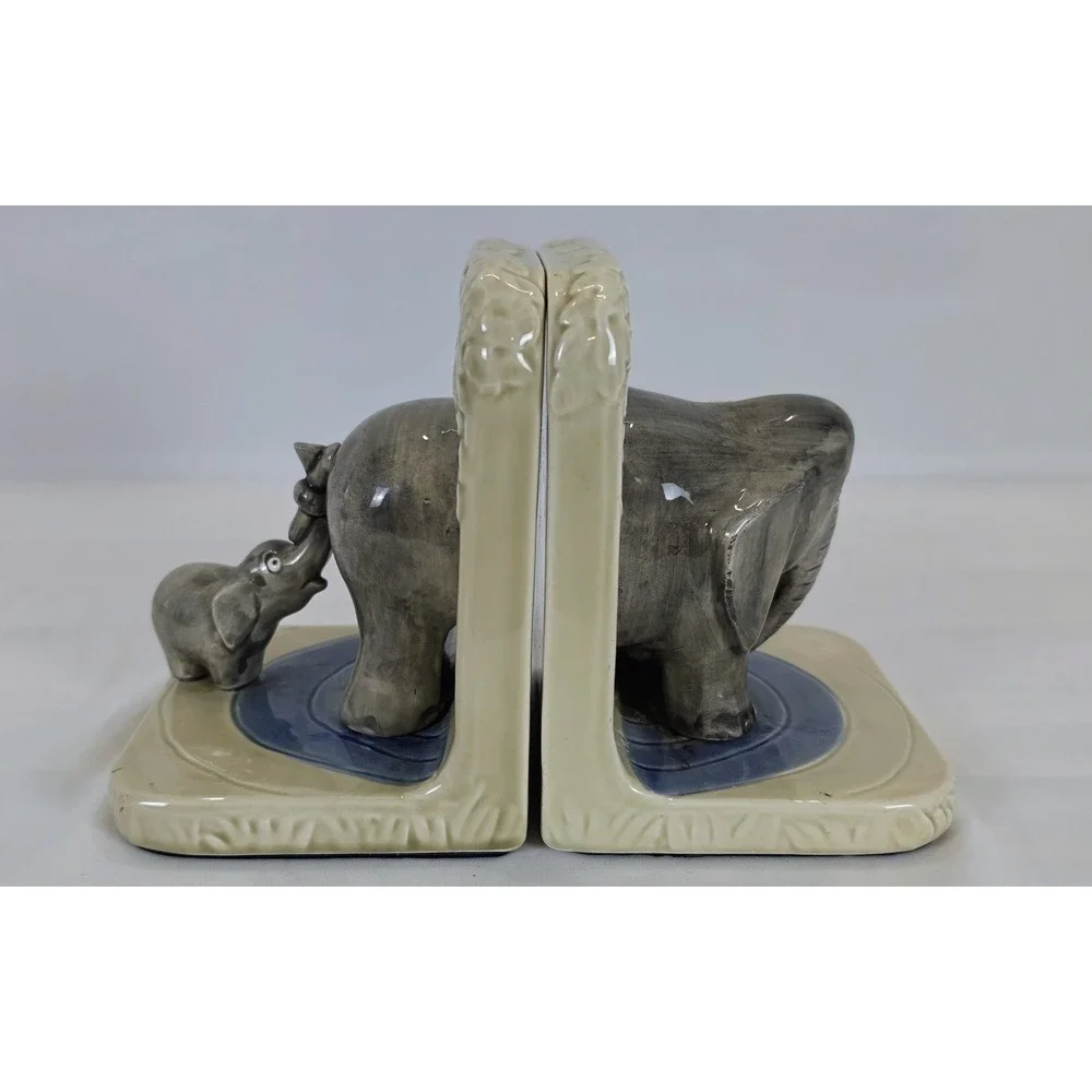 Quon Quon Porcelain Elephant Mom and Baby Japanese Bookends Original Stickers